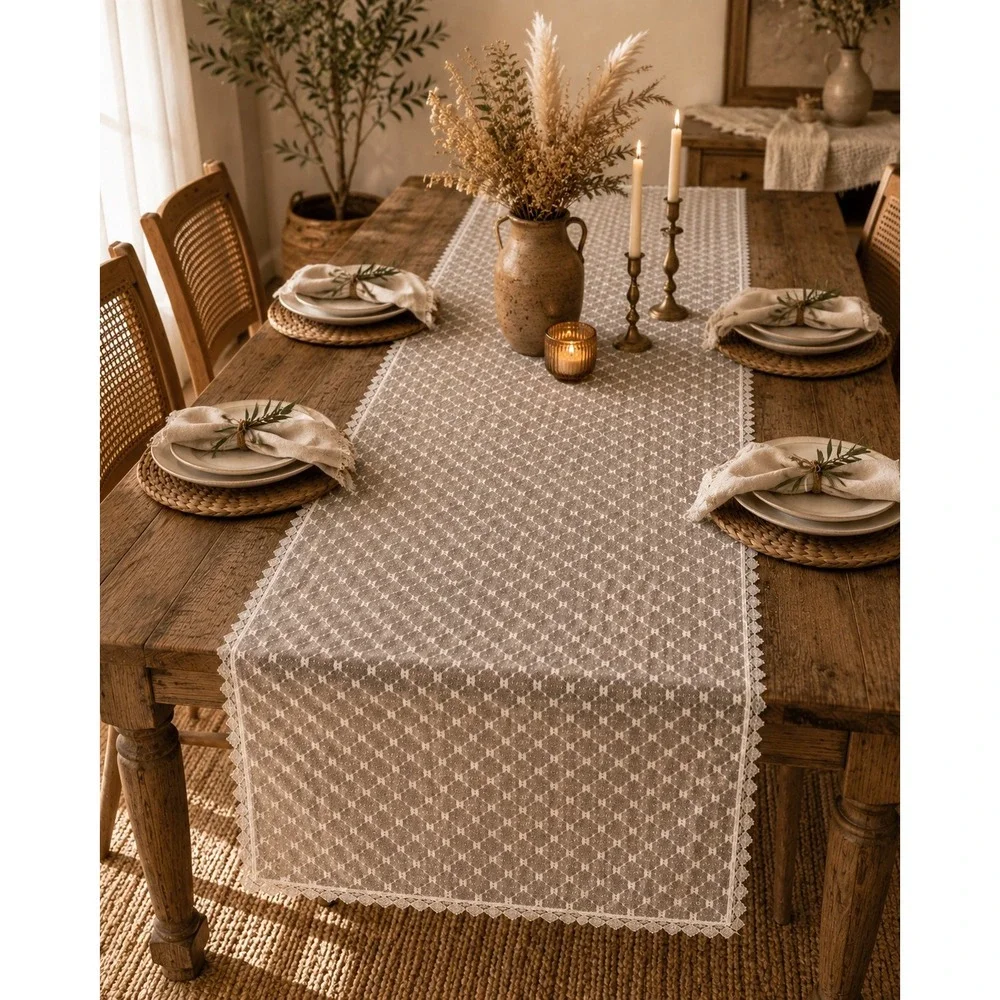 Vintage White Lace Table Runner Cottagecore Coastal Wedding Parisian Chic 84x41